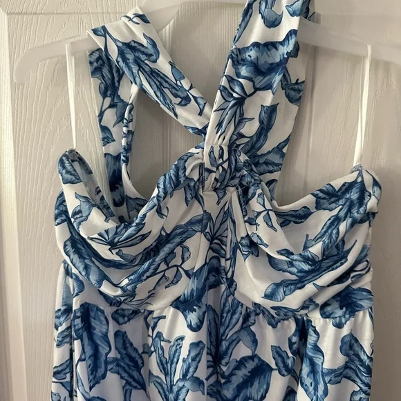 EUC Grace Karin Elegant Blue Leaf Print Maxi Dress PtP 18-20" stretch smocking - Picture 2 of 5
